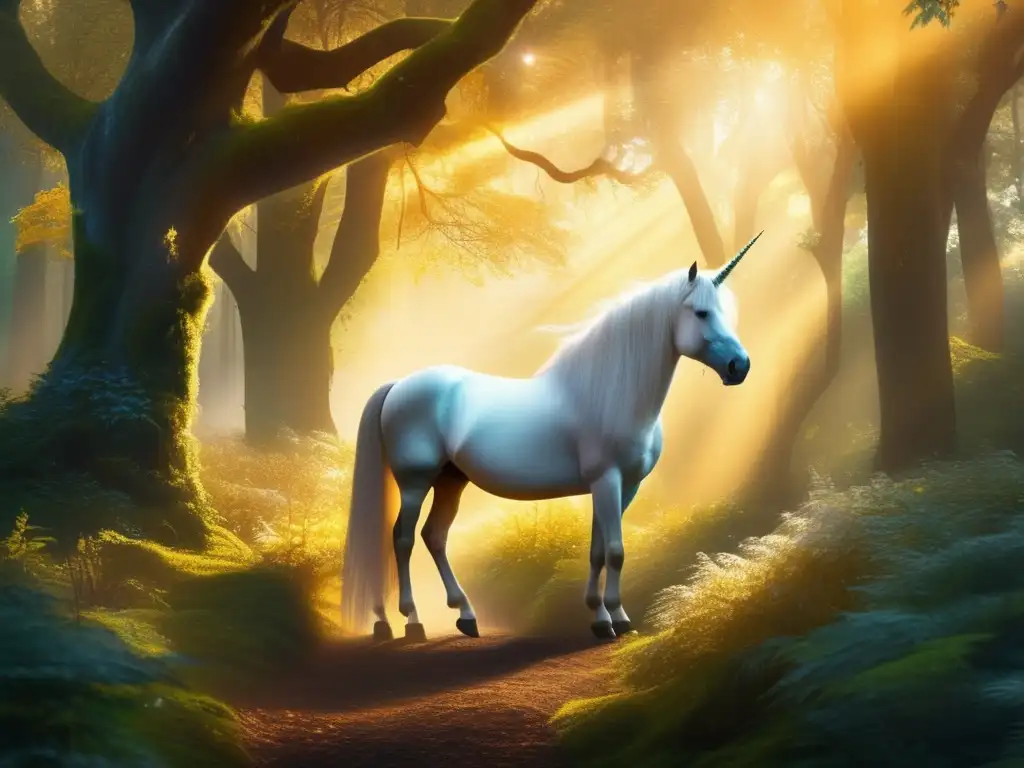 Seres mitológicos y criaturas fascinantes en un bosque encantado con unicornio, dragón, sirena y gnomo