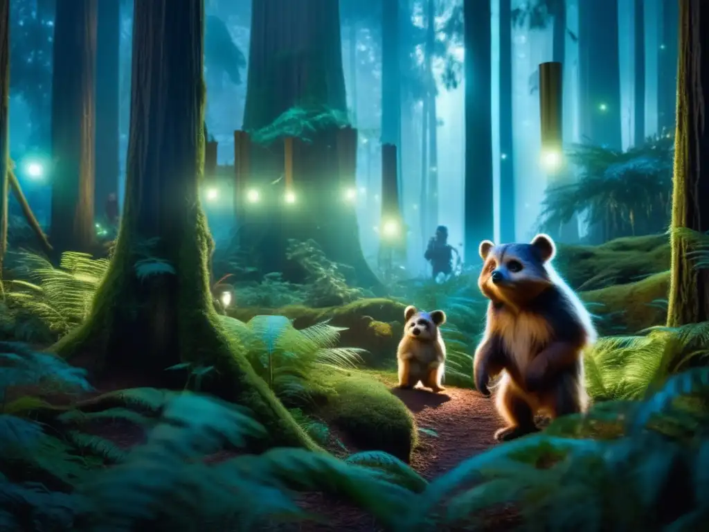 Bosque exuberante en Endor, Ewoks y Convor Influencia criaturas mitológicas en Star Wars: Bosque exuberante de Endor con Ewoks y Convor, ser místico alado, en ambiente onírico