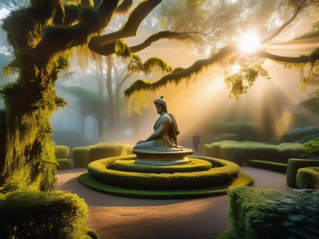 Escena mística de un bosque al atardecer con una estatua romana rodeada de serpientes