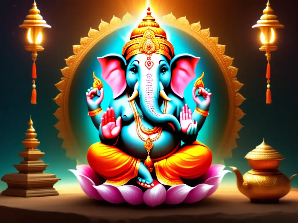 Deidades animales mitología hindú: Ganesha nace rodeado de celestial resplandor, Shiva extiende su mano, Hanuman salta y Narasimha lucha por el bien