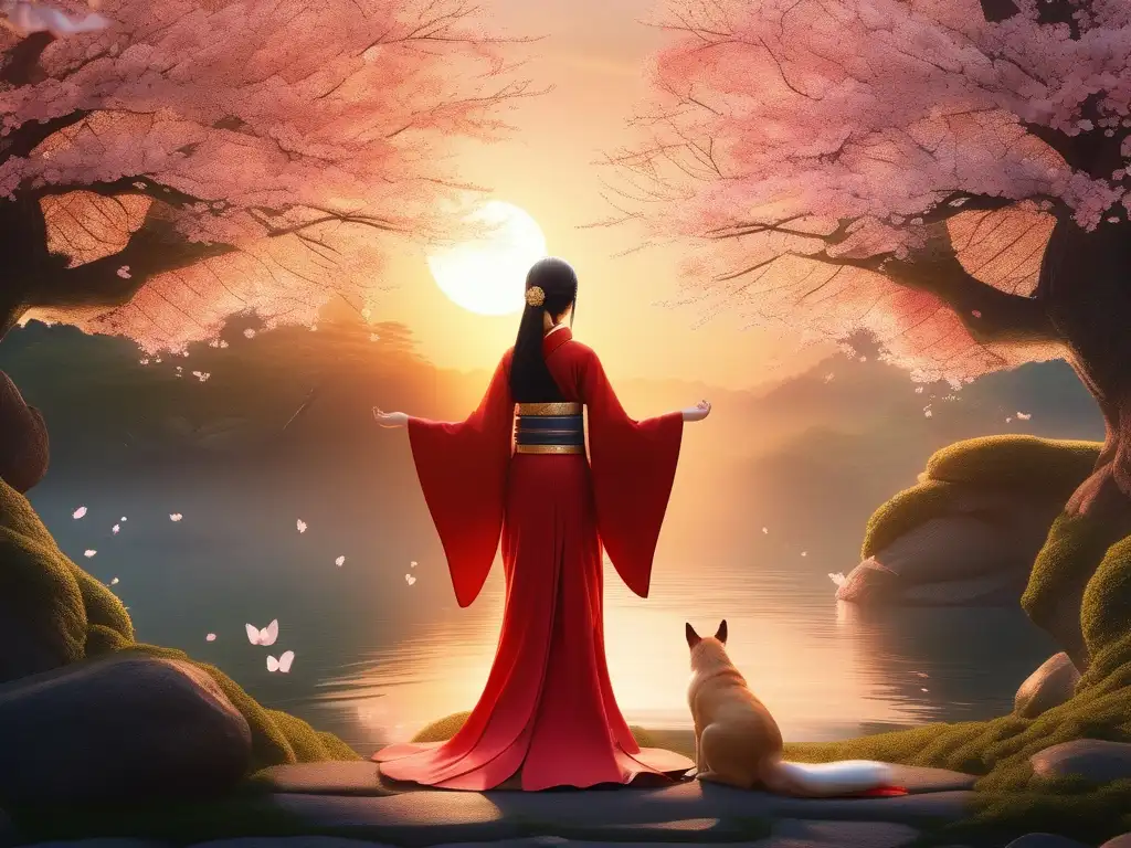 Interacción dioses japoneses criaturas míticas, Amaterasu, Kitsune, paisaje místico y encantador