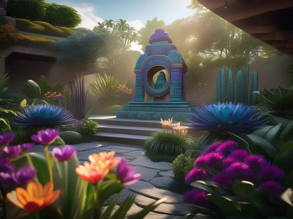 Jardín azteca con Tláloc y cascada Tláloc en cultura azteca: Jardín azteca con flores, cascada y escultura de Tláloc