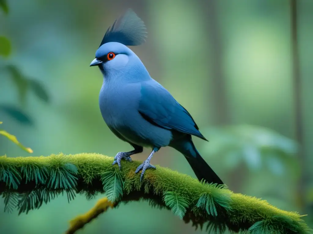 Criaturas mitológicas Islas Marshall: Majestuoso Kōkako en un bosque denso, con plumaje azul y wattles naranjas