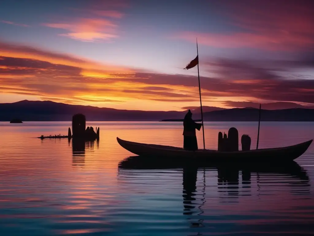 Mitos y leyendas del Lago Titicaca: Hombre Pez, majestuoso ser mitológico emergiendo de las aguas al atardecer