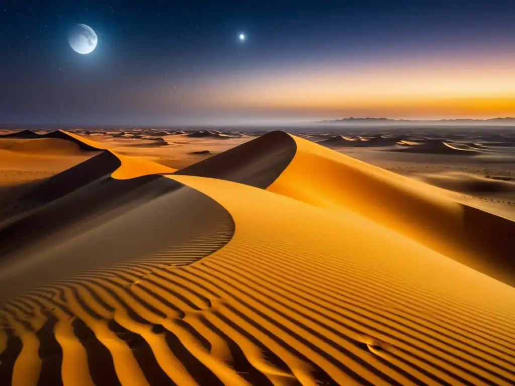 Paisaje nocturno del desierto africano con mitos y leyendas de djinn y demonios en África