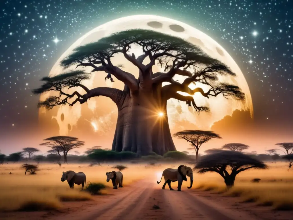 Paisaje africano nocturno con árboles baobab y monstruos de la mitología africana