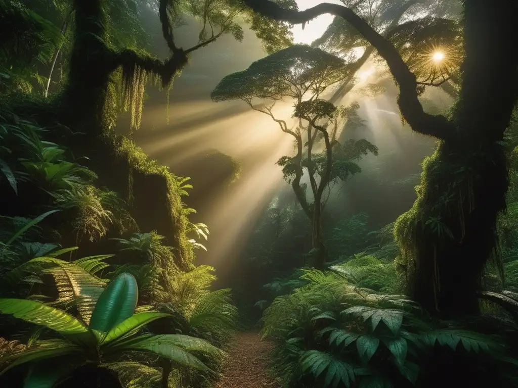 Madremonte, protectora de bosques colombianos en un atardecer místico, rodeada de naturaleza exuberante y luz dorada filtrándose en la selva