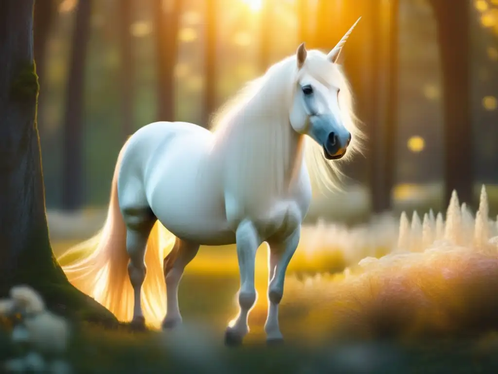 Imagen de un claro forestal con un majestuoso unicornio rodeado de criaturas míticas, evocando ritos de despedida