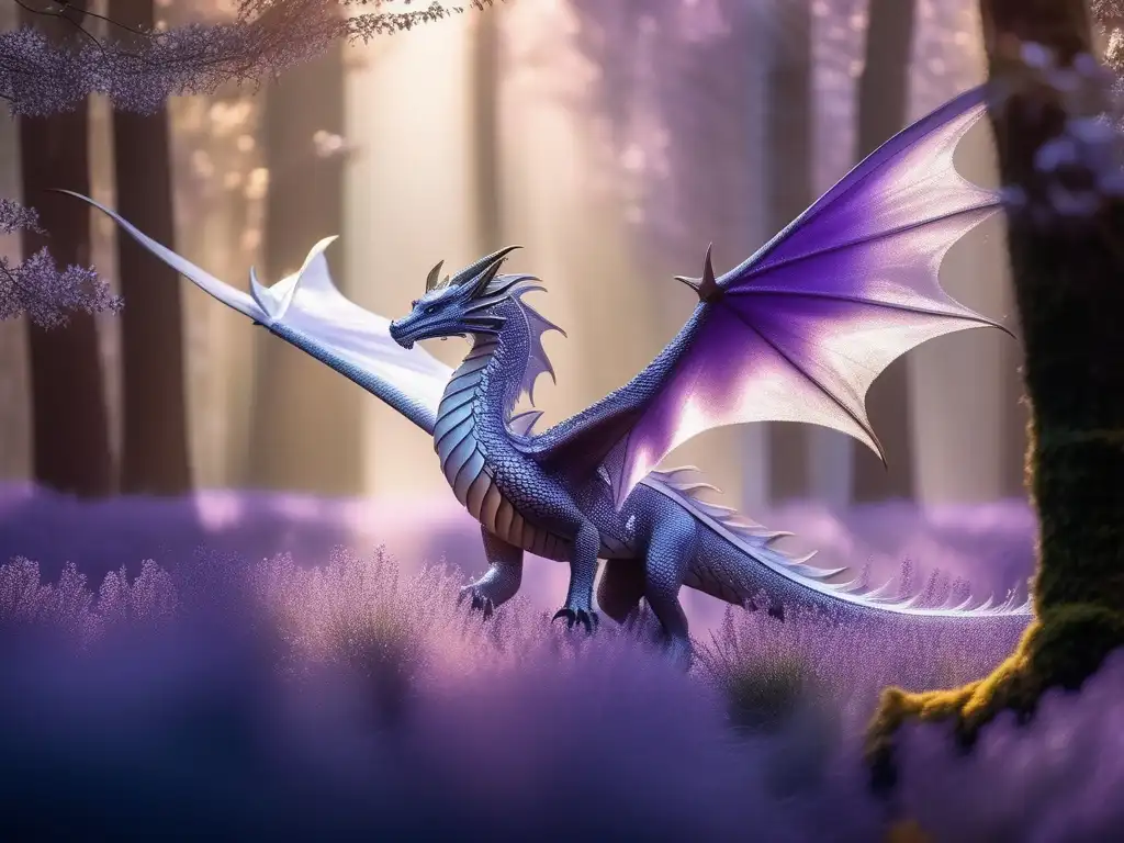 Influencia criaturas legendarias en cine: Majestuoso dragón surcando bosque místico