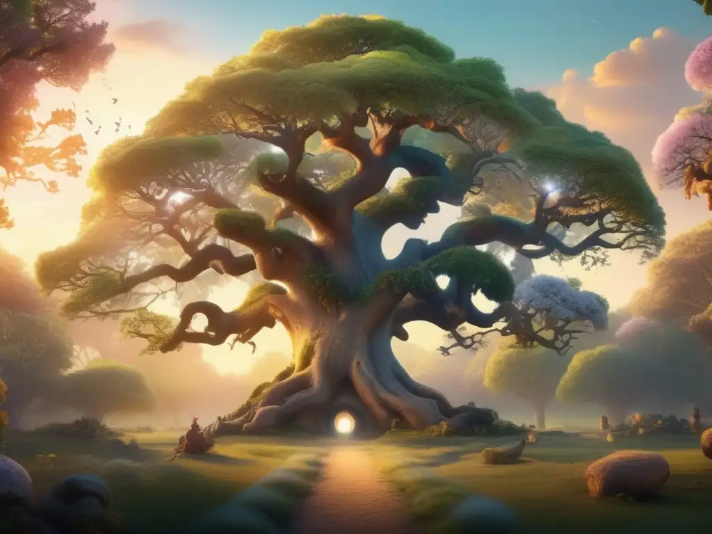 Bosque encantado con árbol mágico y gnomos Bosque sereno con árbol antiguo, gnomos y significados de tatuajes de gnomos
