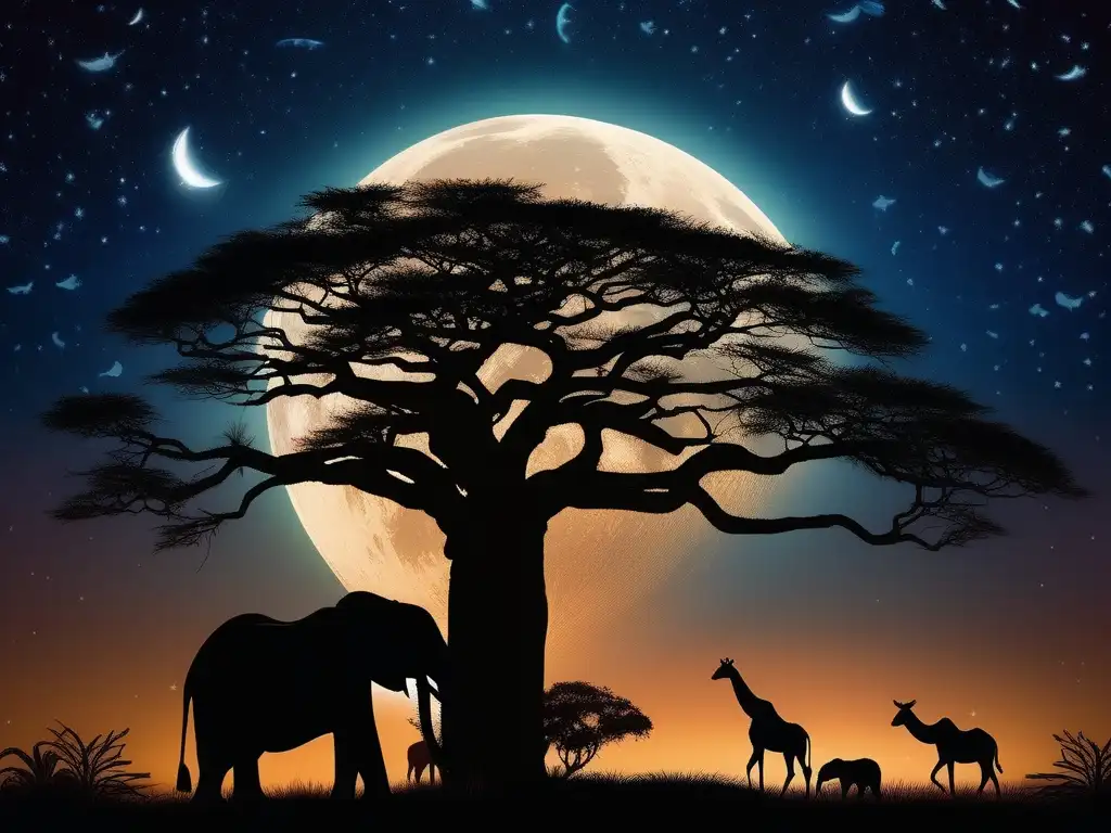 Paisaje africano bajo un cielo estrellado, con árbol baobab y esculturas de reyes africanos: Leyendas africanas de reyes muertos