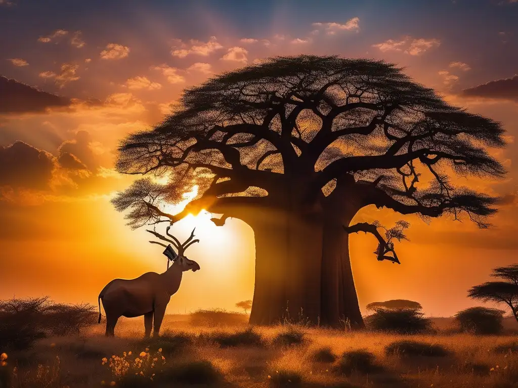 Paisaje africano al atardecer con árbol baobab y Dios mariposa: mitología africana