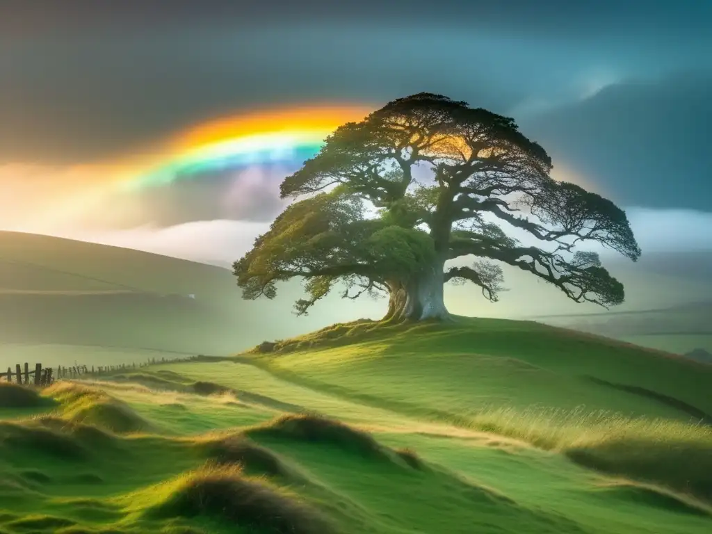 Paisaje irlandés al atardecer con colinas verdes, un roble antiguo y una figura de Banshee - Significado Banshees cultura irlandesa