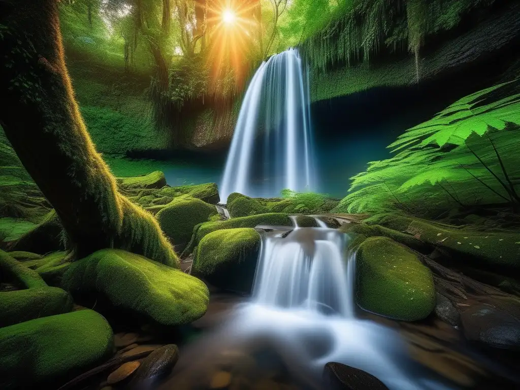 Imagen: Leyenda de la ninfa Eco en un bosque encantado con árboles antiguos y una cascada mágica