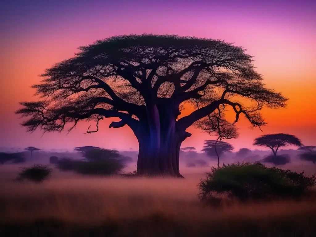 Espíritus guardianes amor leyendas africanas en un paisaje místico al atardecer