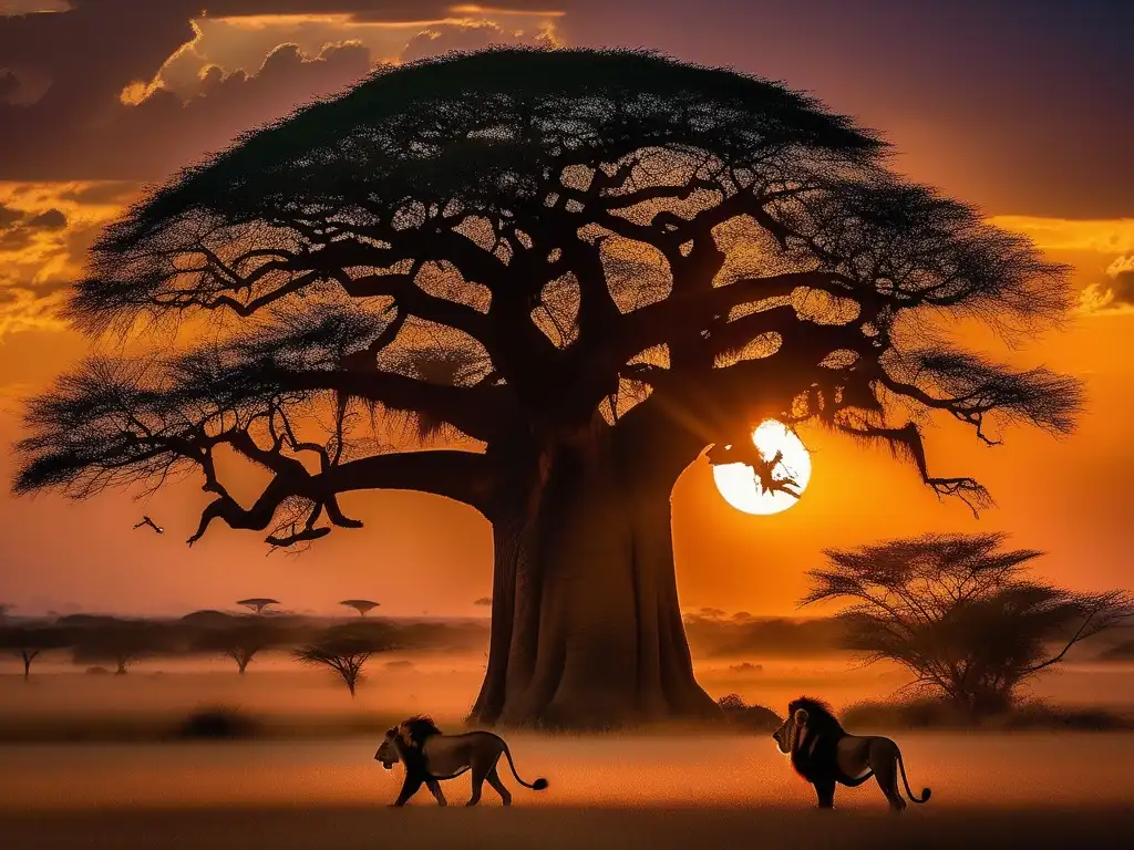 Paisaje africano al atardecer con criaturas ancestrales: influencia en el arte africano