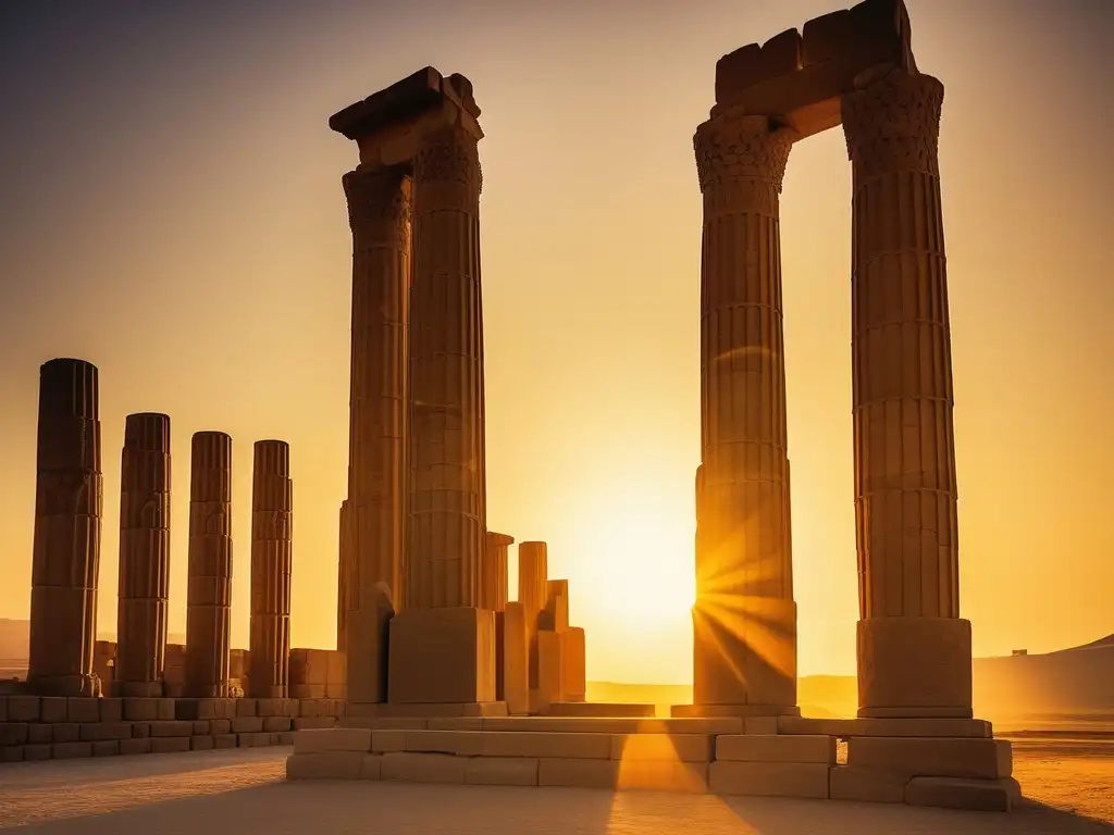 Majestuosas ruinas de Persepolis al atardecer, con un grifo en primer plano