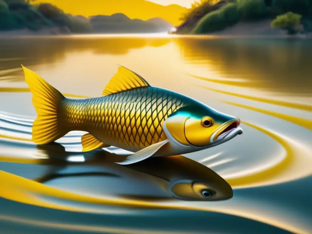 Carpa dorada nadando en río amarillo, rodeada de paisajes verdes, templos antiguos y un dragón mítico