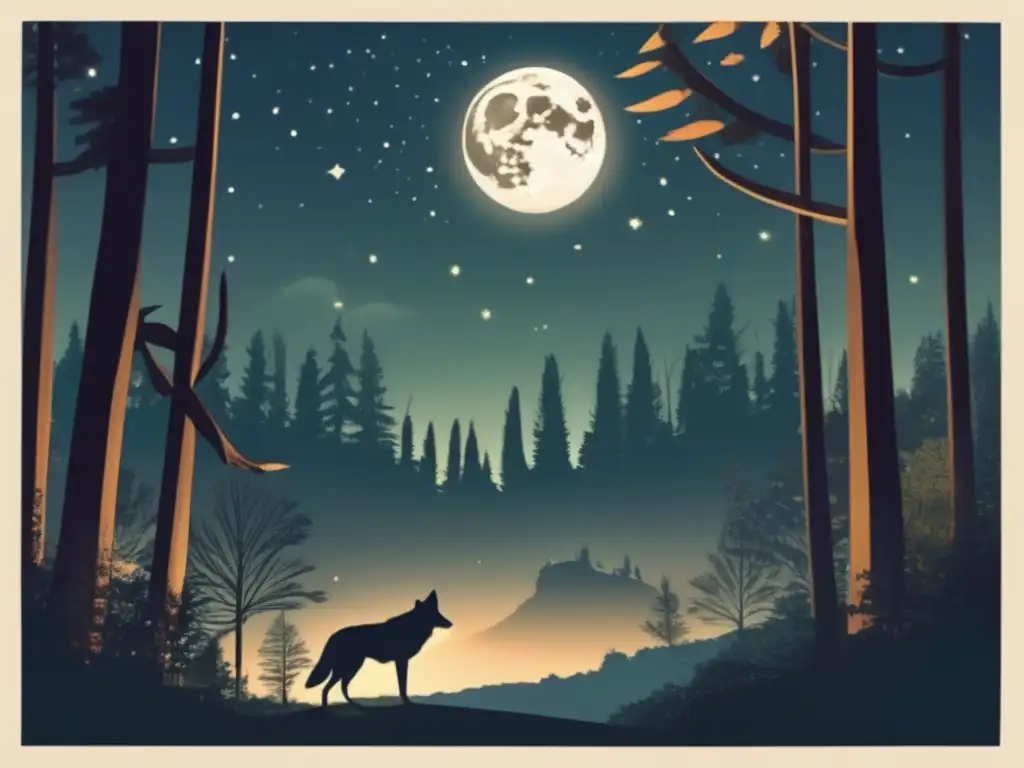 Historia del hombre coyote en mitología: Noche mágica con tribu nativa, luna brillante, campamento y misterioso coyote