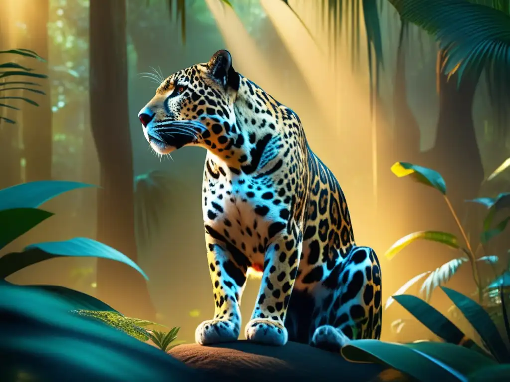 Transformación mitología maya: Jaguar, nahual y ave serpiente en escena mística y poderosa