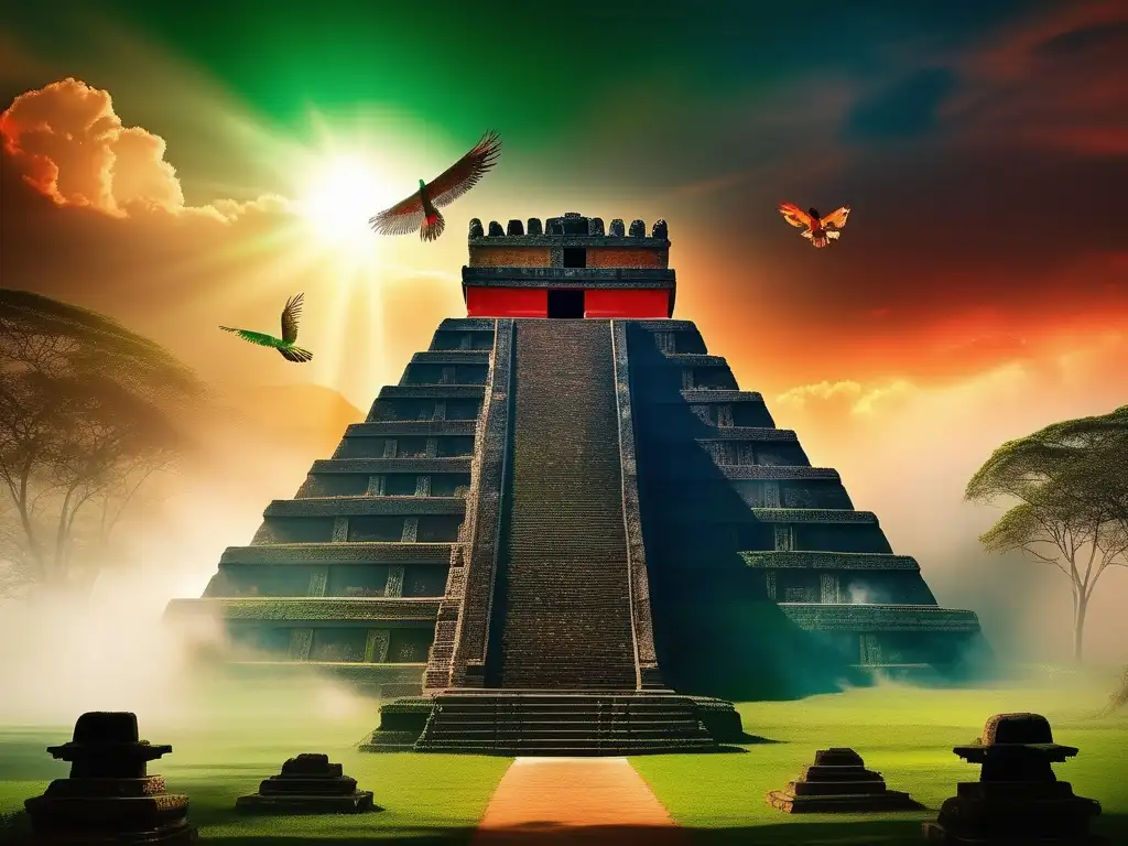 Quetzal: Ave sagrada maya emerge de la niebla en templo misterioso con carvings y rituales ancestrales