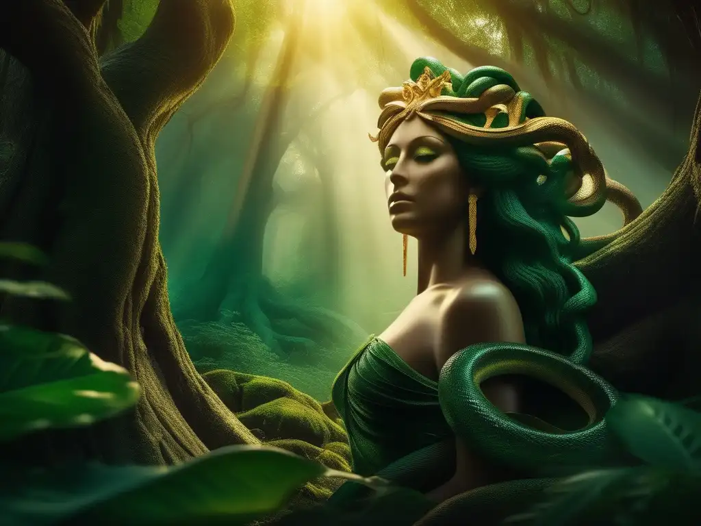 Serpientes de Medusa en mitología: imagen mística y cautivadora de Medusa rodeada de serpientes, en un bosque etéreo