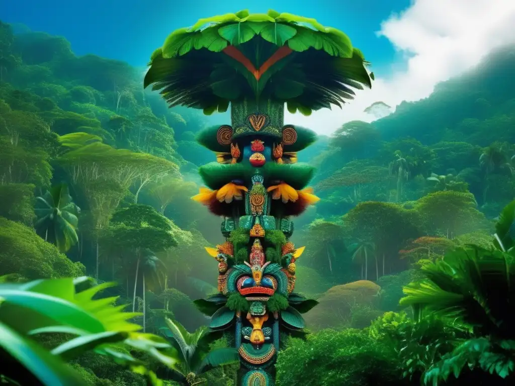 Totem ceremonial con criaturas mitológicas en la selva tropical de Papúa Nueva Guinea