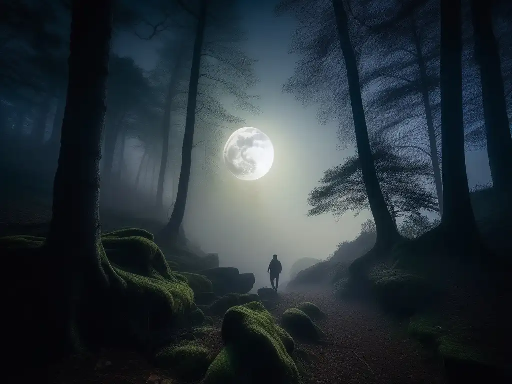 Bosque misterioso con hombre lobo, reflejando el significado cultural de los hombres lobo