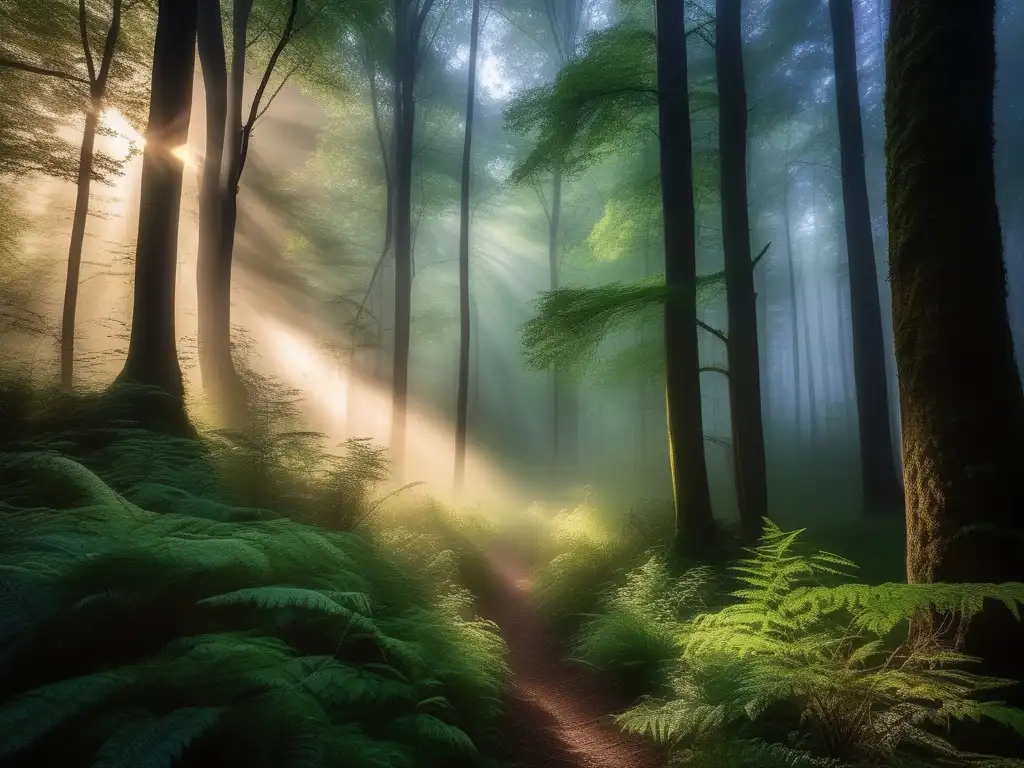 Seres mitológicos y criaturas fascinantes en un bosque místico al atardecer, con árboles verdes y majestuosos emergiendo de la neblina