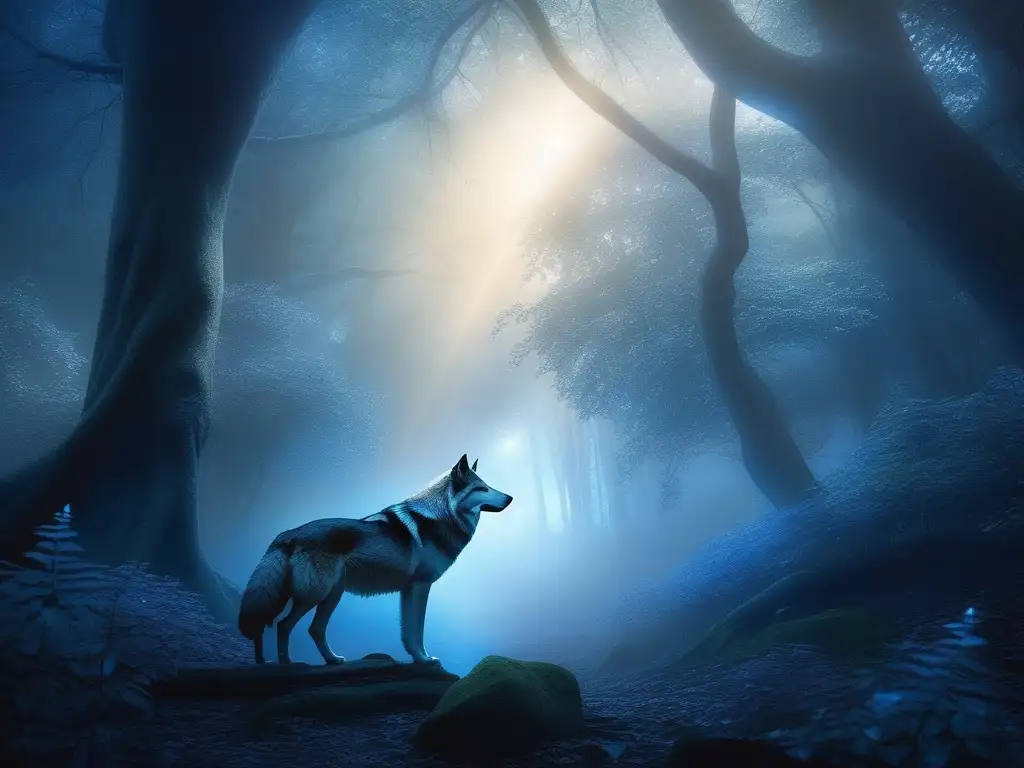 Criaturas míticas temidas Juego Tronos: Bosque místico con huargos y un direwolf majestuoso