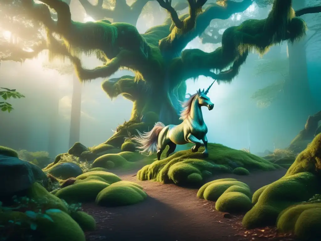 Influencia de criaturas legendarias en la cultura: majestuoso ser mitad dragón, mitad unicornio, en un bosque místico luminoso