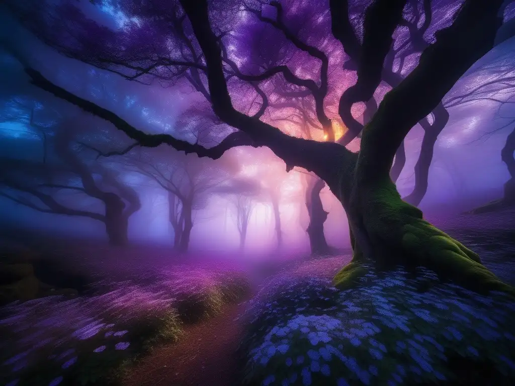 Bosque místico al anochecer, iluminado por la luna