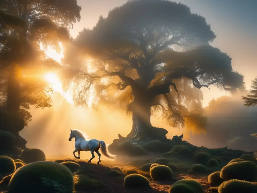 Influencia criaturas mitológicas en arte: Pegaso al amanecer, bosque misterioso, cascada encantadora