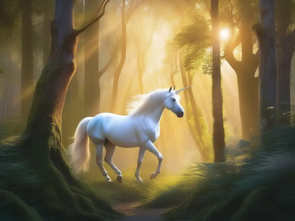 Dualidad criaturas míticas en literatura: Bosque místico con unicornio y fénix, creando atmósfera encantada