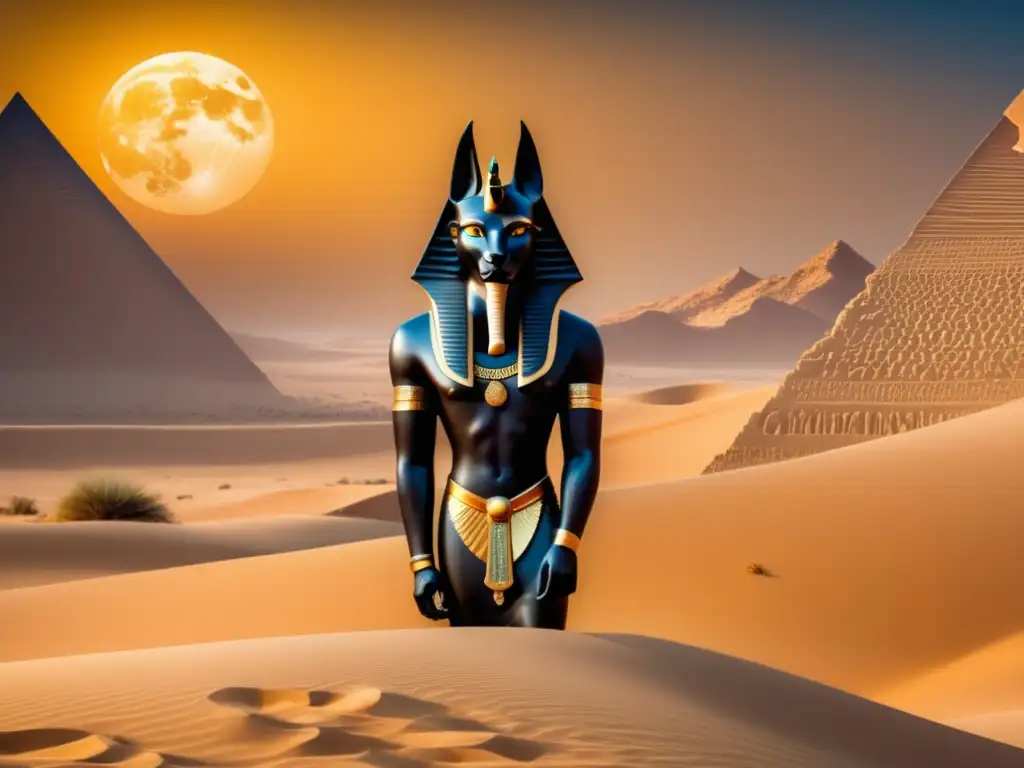 Imagen: Dios chacal mitología africana - paisaje desierto con estatua majestuosa de Anubis bajo la luna llena