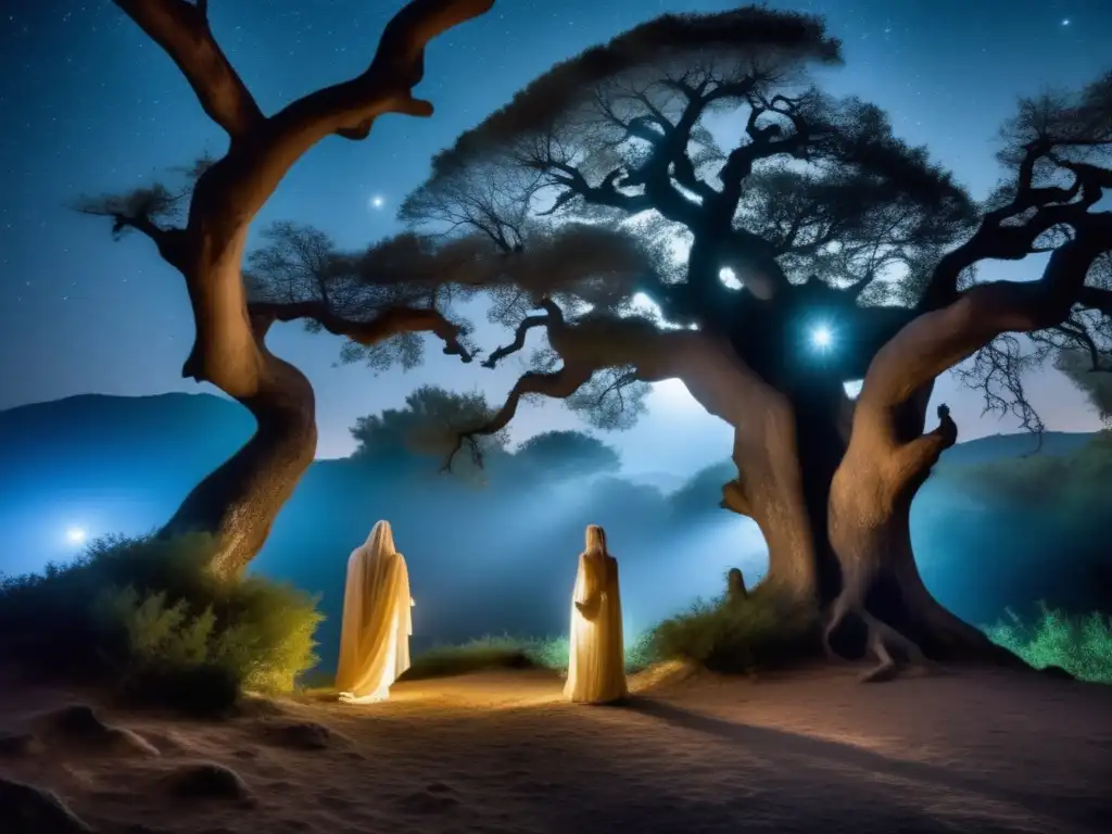 Miedo a los espíritus: origen y mitología - Bosque místico iluminado por la luna, figuras etéreas y mitos ancestrales