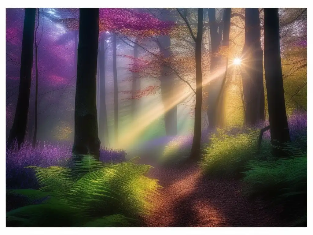 Un bosque místico bañado en luz dorada, con árboles altos y hojas luminosas en tonos verdes y dorados