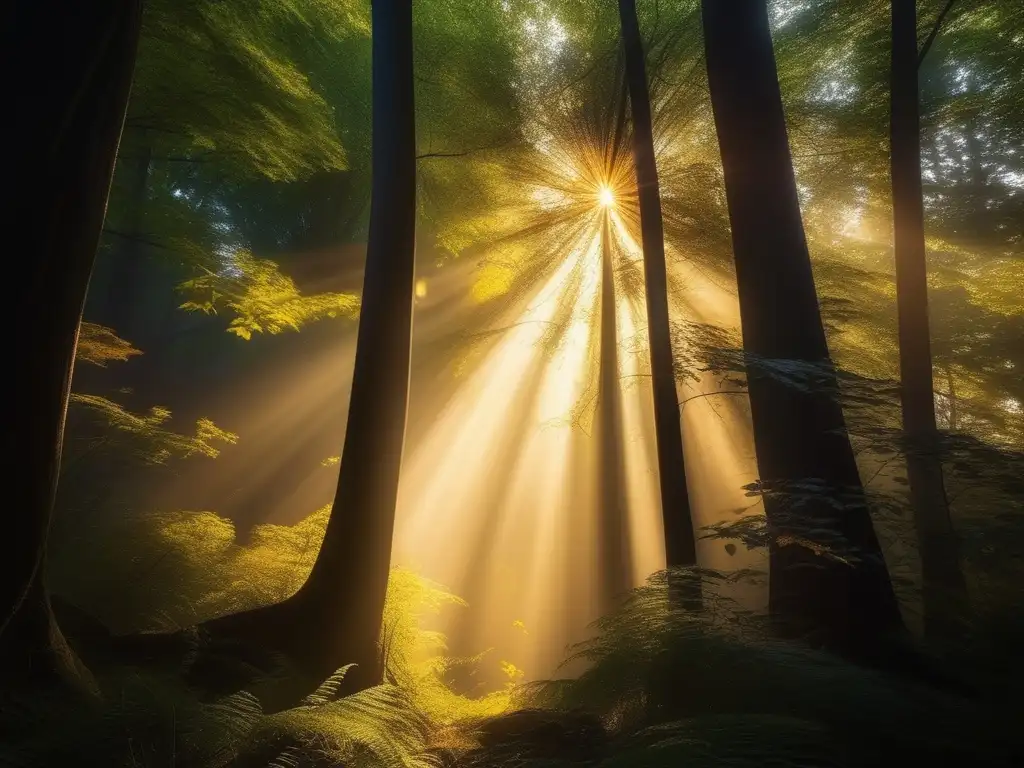 Bosque místico al atardecer Bosque místico con sol dorado y figura en adoración - Misterio Sol Negro Mitología Nórdica