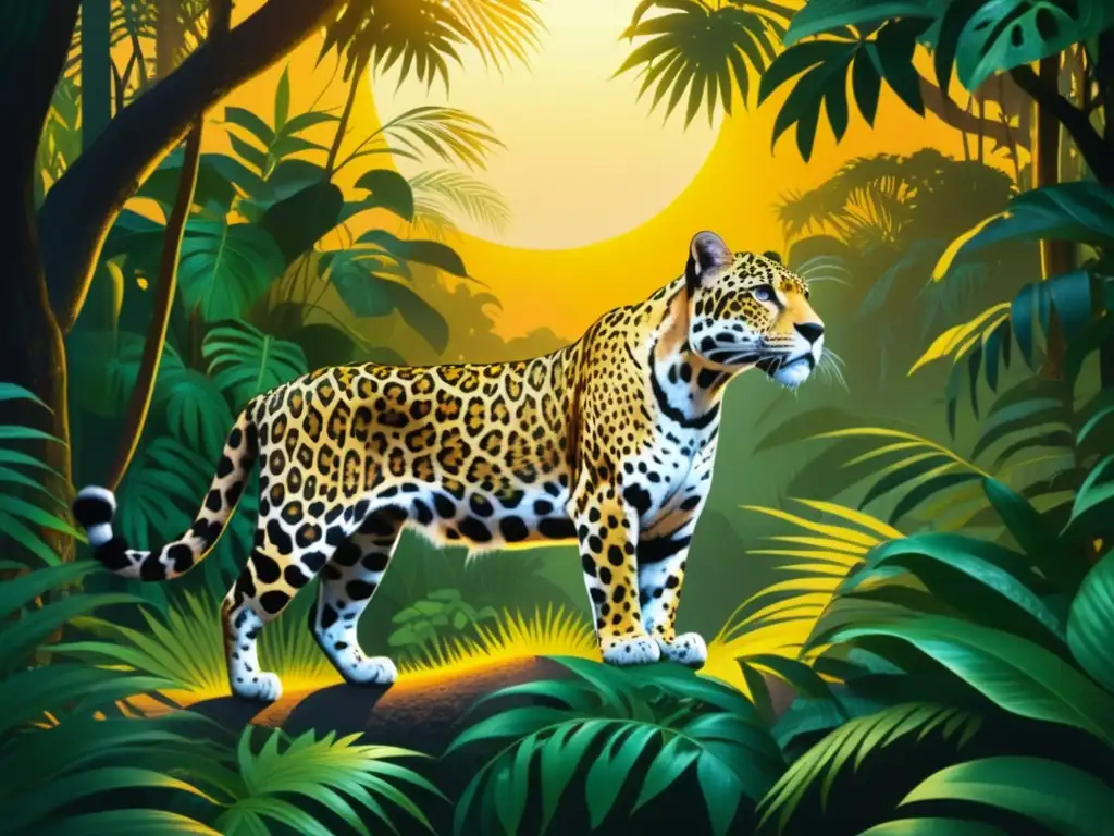 Dualidad sagrada mitología mesoamericana: Jaguar majestuoso emerge en escena mística de la jungla al atardecer