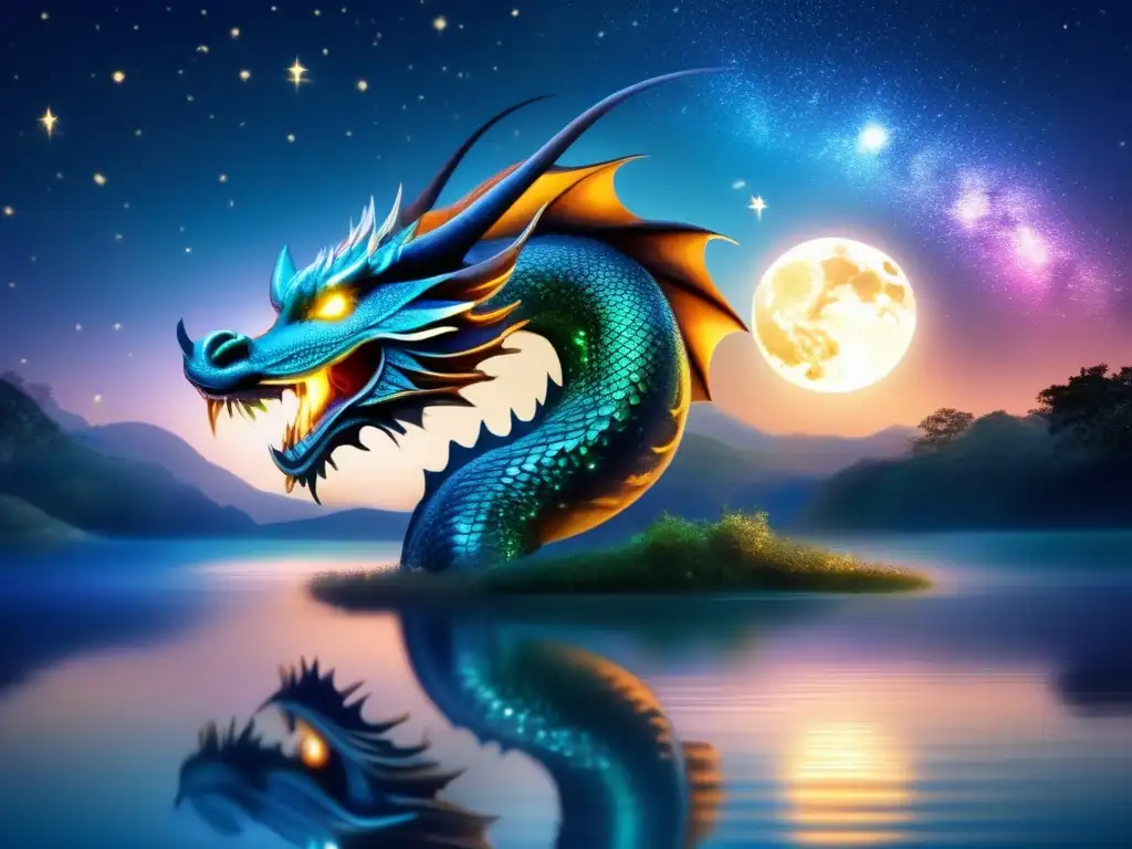 Ritos de invocación a criaturas míticas: un mágico paisaje nocturno con un dragón, una sirena y un unicornio en un lago brillante