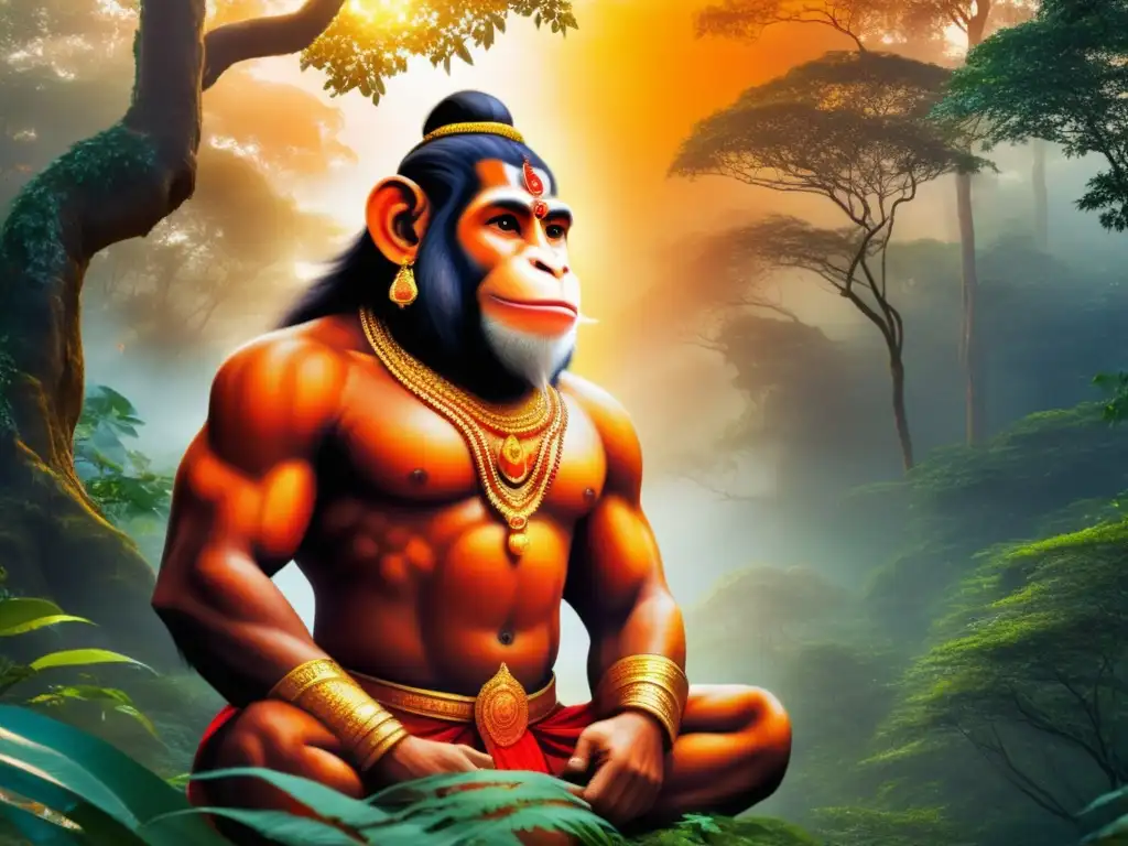 Imagen majestuosa de Hanuman, el Dios Mono de la Mitología Hindú, en un bosque místico