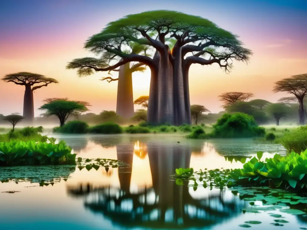 Paisaje africano con espíritus de la naturaleza protegiendo y nutriendo la tierra y su fauna (110 caracteres)