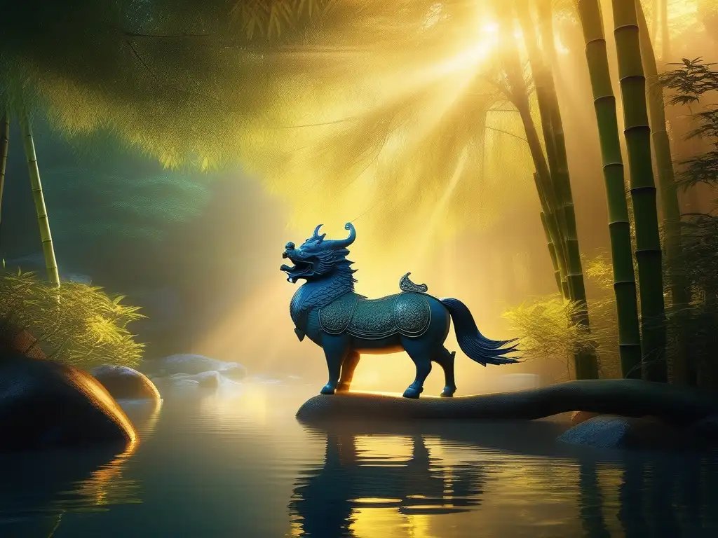 Qilin, el unicornio oriental en el bosque de bambú