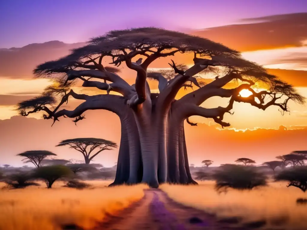 Espíritus de la Naturaleza África en una mágica imagen de la sabana al atardecer, con un majestuoso árbol Baobab rodeado de neblina y figuras etéreas