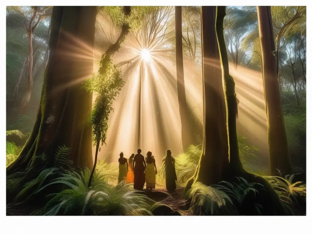 Bosque místico bañado en luz dorada con danza sagrada de espíritus animales de la mitología australiana