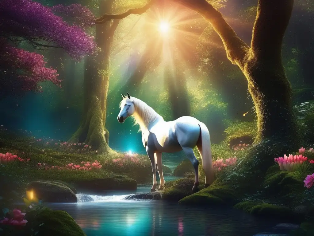 Imagen: Criaturas míticas literatura juvenil en bosque místico con unicornio, sprite y dragón