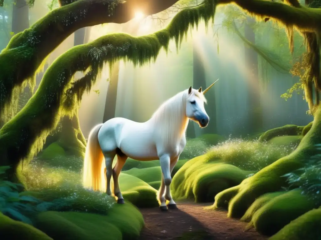 Bosque místico con unicornio, criaturas míticas y literatura contemporánea