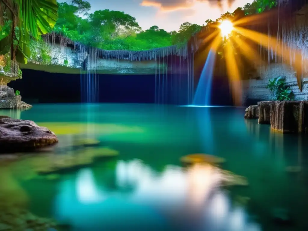 Cenote maya al atardecer con ruinas antiguas, naturaleza exuberante y dioses del agua