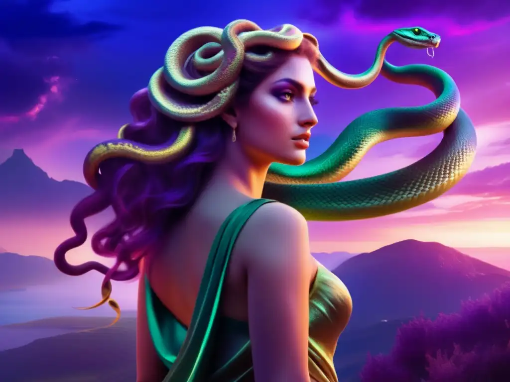 Serpientes de Medusa en mitología: paisaje místico con serpientes, Medusa poderosa, ojos verdes, dioses flotando, encanto mitológico