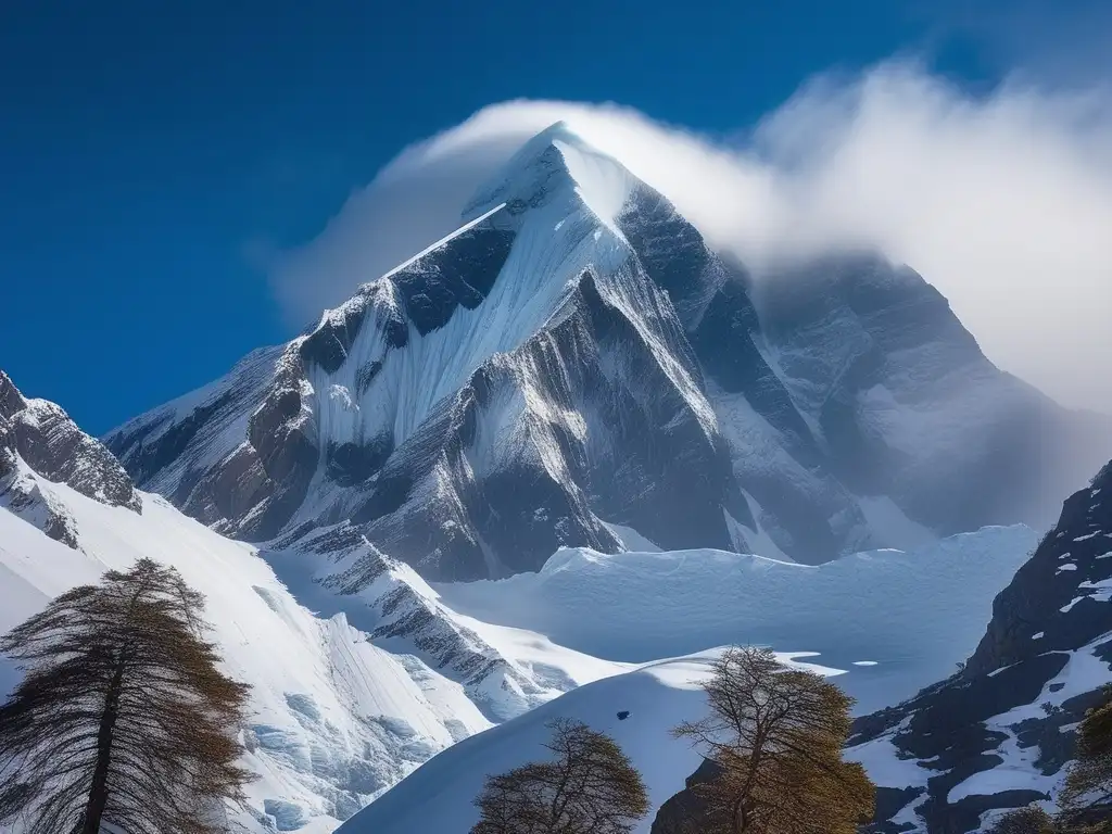 Deslumbrante montaña nevada en el Himalaya, envuelta en niebla y bañada en una luz etérea